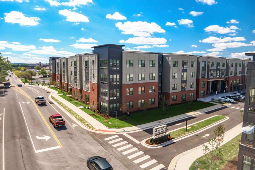 Aerial view of modern Union Blacksburg Virginia apartment community